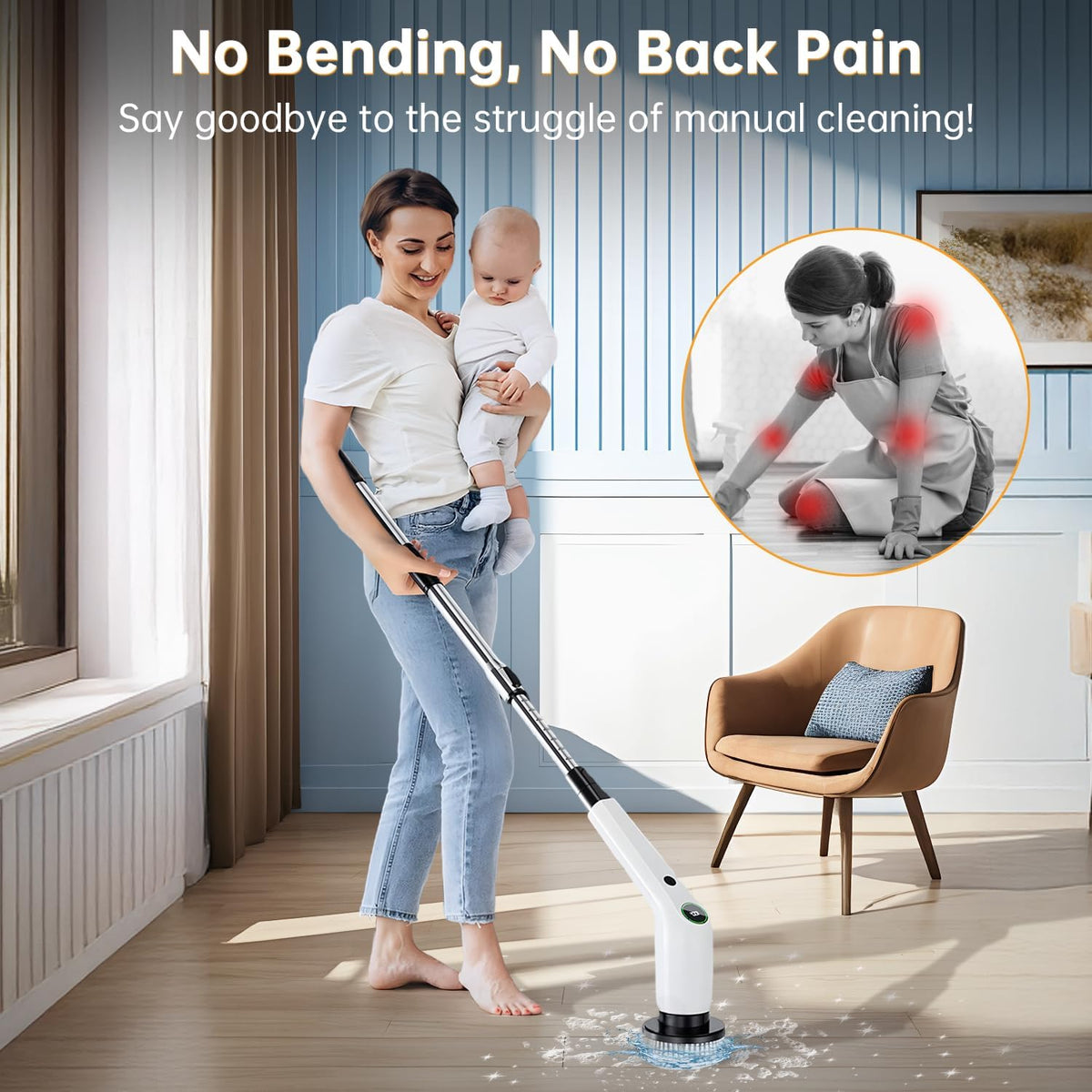 Electric Spin Scrubber, Cordless Shower Scrubber with 8 Scrub Brush, 2 Speed with Adjustable Extension Handle, Battery Level Display