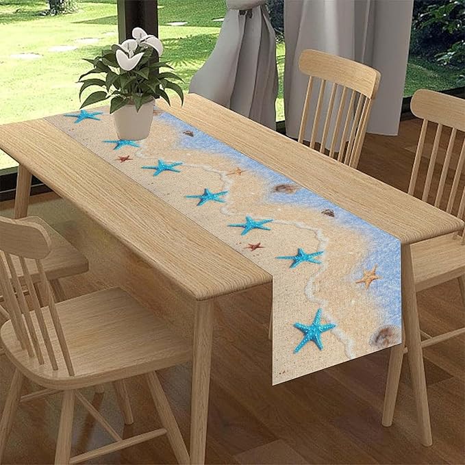 Summer Beach Table Runner, Nautical Starfish Coastal Seashell Ocean Blue Sea Seasonal Coffee Table Center Decor for Home Kitchen Dining Patio Holiday Party Table Decorations 13"x72"