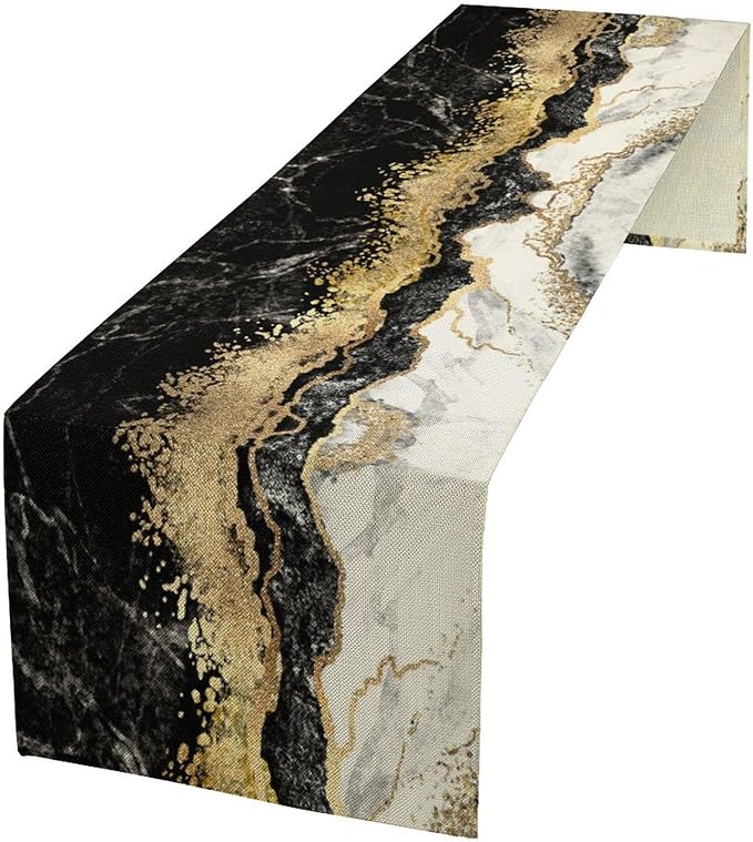 Marble Table Runner, Ink Golden Marble Texture Table Runner for Kitchen Wedding Farmhouse Indoor Outdoor Home Party 13x36in