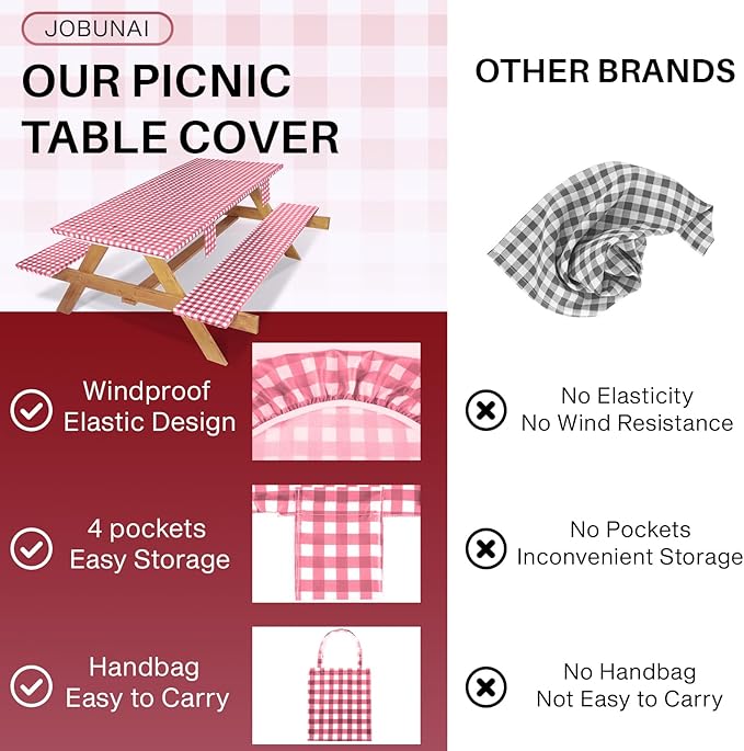 Fitted Picnic Table Cover with Bench Covers Elastic Waterproof Outdoor Camping Tablecloth for 8 Foot Rectangle Tables Camper Summer Accessories Rv Car Essentials Vacation Gifts for Men Women