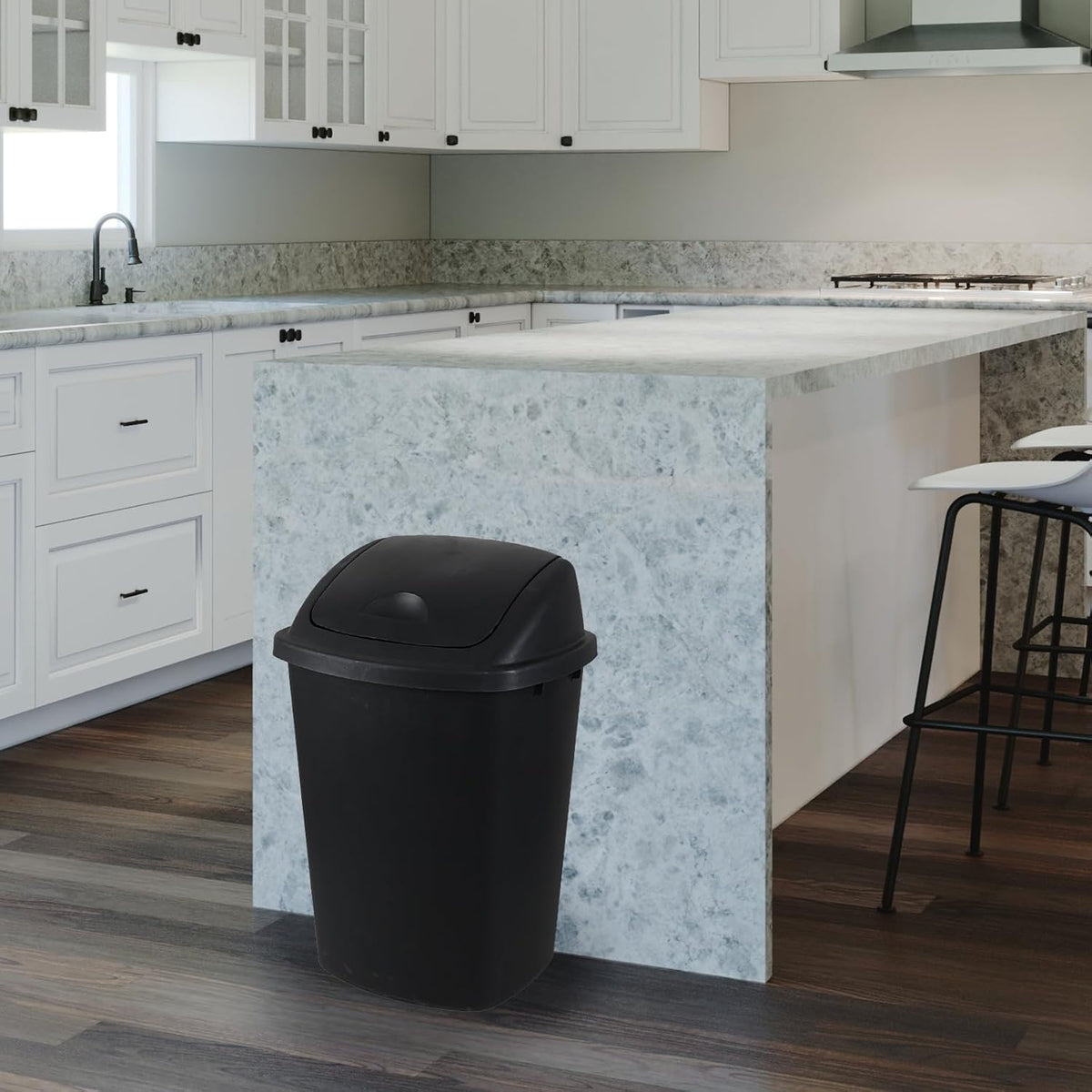 10 Gallon Plastic Garbage Bin with Lid, Swing Top Waste Container, Kitchen Trash Can with Swing Lid, Black, 4 Packs