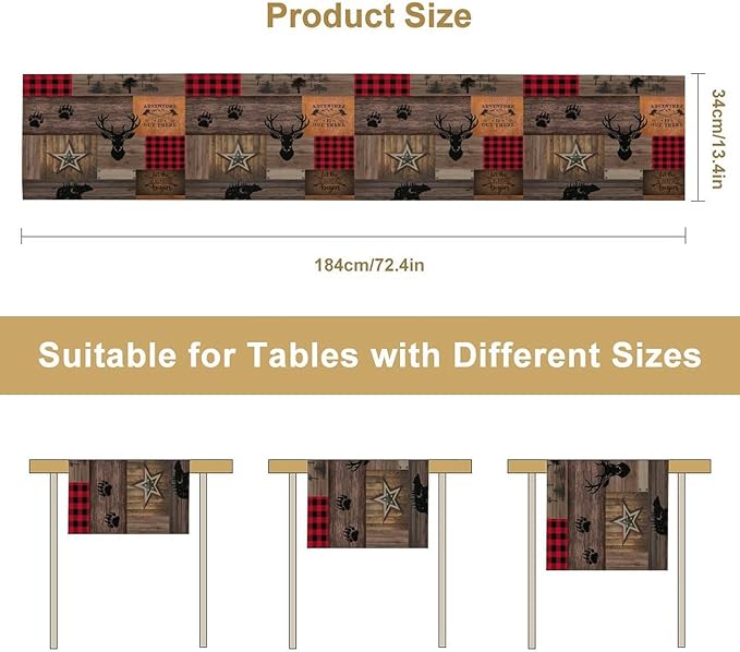 Vintage Bear Deer Table Runner, Rustic Western Farmhouse Hunting Theme Wildlife Animal Checkered Table Runner for Outdoor Dining Kitchen Camping Party 13x108in