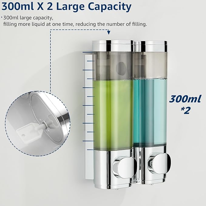 pollock Shampoo Dispensers for Shower Wall Mounted, Shower Shampoo Dispenser 2 Chamber No Drill Shampoo and Conditioner Dispenser Body Wash Dispenser for Bathroom,Large Capacity,Chrome