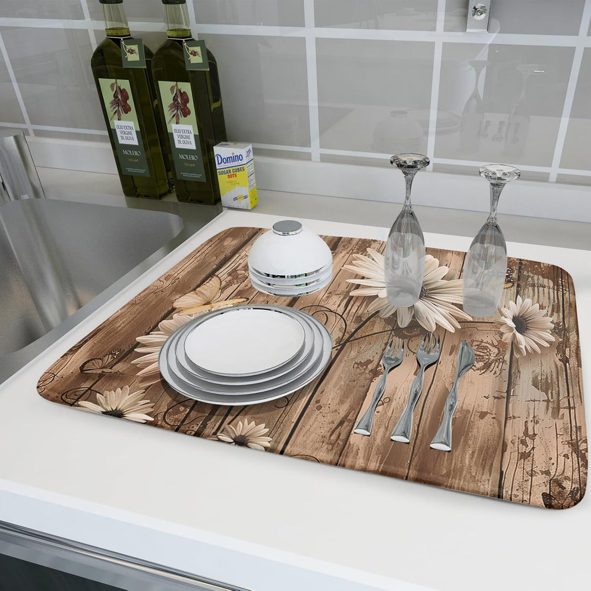 Summer Daisy Flowers Dish Drying Mat for Kitchen Counter 16x18in Rustic Wood Floral Kitchen Mat Daisy Microfiber Absorbent Dish Drainer Mat Fast Dry