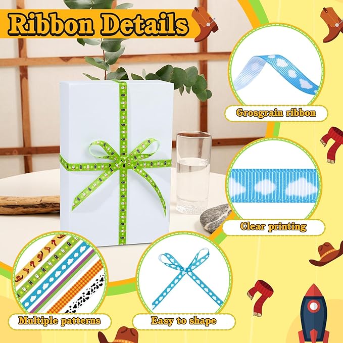 6 Pieces Cartoon Story Ribbon Set, Cowboy Space Adventure Theme Grosgrain Ribbons, 3/8inch Blue Sky White Cloud Ribbon, Yellow Plaid Printed Ribbons for Gift Wrapping DIY Birthday Party Favor