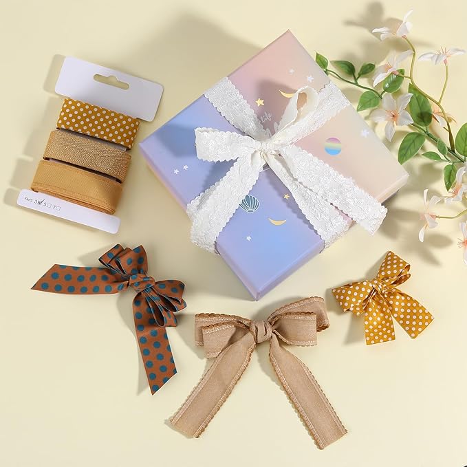 BEEFLYING 3 Styles Ginger Wire Edged Ribbons for Gift Wrapping, 25~28mm×2.7m Satin Ribbons for Wedding Party Decoration Hair Bows Flower Designs Sewing and Craft, 9 Yards