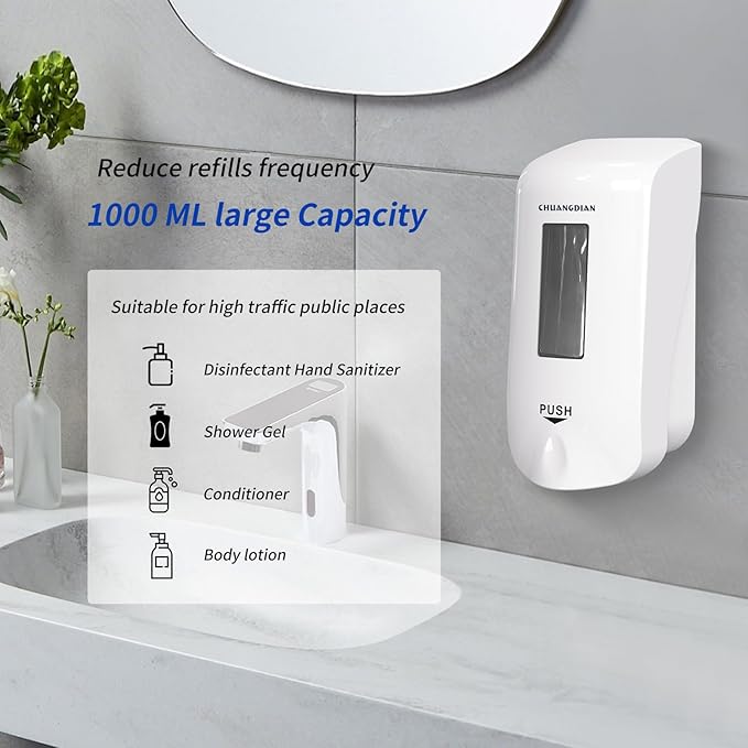Manual Foaming Soap Dispenser,1000ml Wall Mounted Hand Soap Dispenser,Large Viewing Window,Super Easy Refills,for Commercial & Home, Pearl White