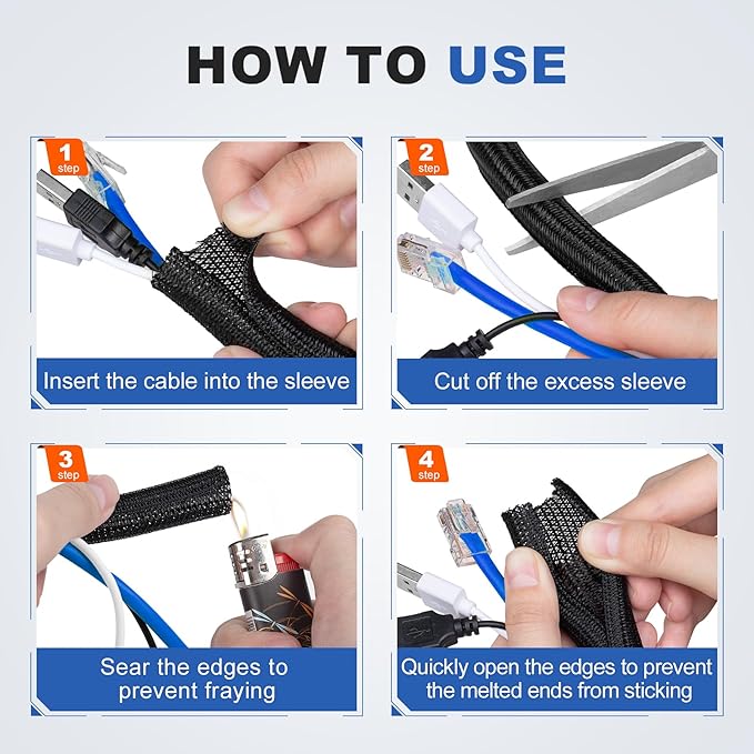 16ft - 3/8 inch Cable Management Sleeve Cord Protector, Split Wire Loom for USB TV Computer, Braided Wire Cover Hider Organizer Tubing Protect Cat Dog from Chewing, Black