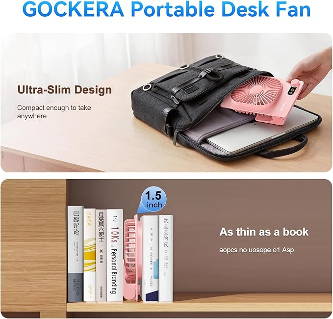 GOCKERA Desk Fan, 6.61''Ultra-thin Battery Powered Fan with Powerful Wind,100 Speeds Adjustable&Digital Display,Timer,Ultra-quiet Small Portable Fan for Bedroom,Office,Travel (Pink, 2000mAh)