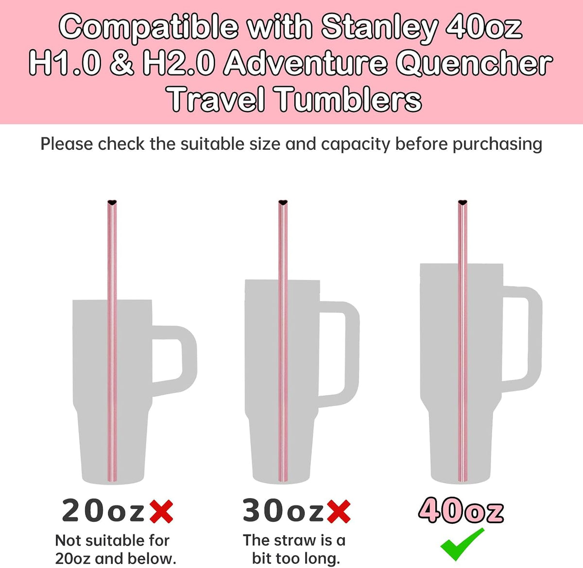 NiHome 12” Heart-Shaped Stainless Steel Straws Fit for Stanley Tumbler 40oz | 10-Pack Metal Straws with 2 Brushes for Holiday, Valentine’s Day, Reusable Drinking for Smoothie Milkshake (Pearl Pink)