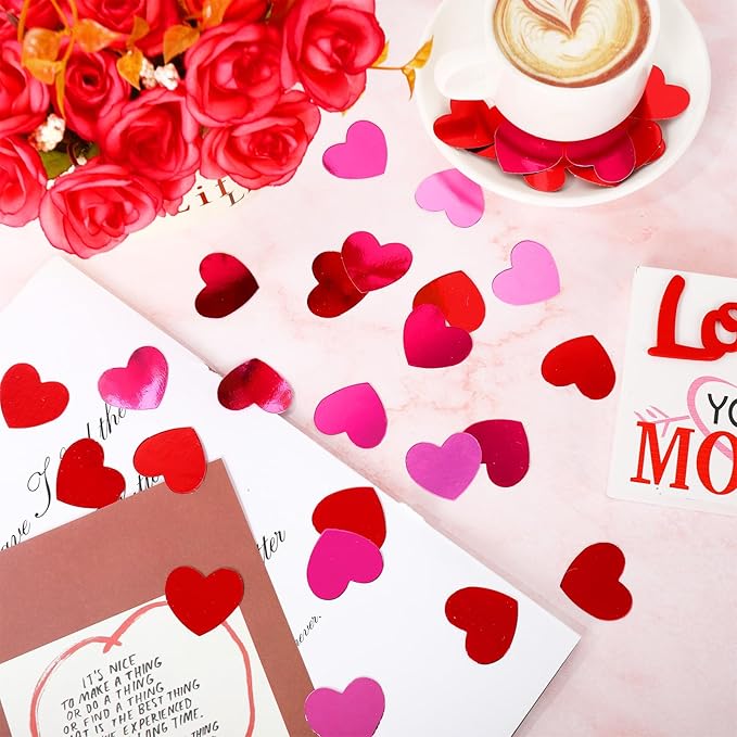 Whaline 300Pcs Heart Confetti Valentine's Day Table Decoration Gliiter Pink Red Heart Shaped Metallic Foil Scatter Table Centerpiece for Wedding Anniversary Party Decoration