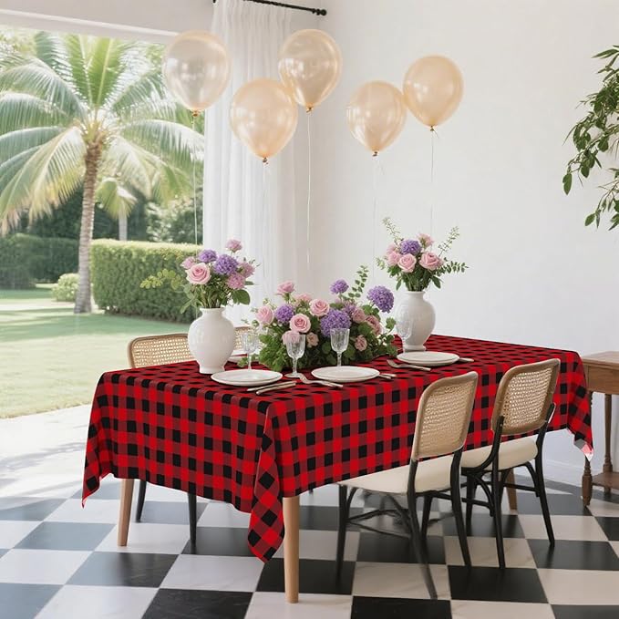 Smiry 10 Pack Gingham Disposable Table Cloth, 54 x 108 Inch Waterproof Plastic Tablecloth, Rectangle Black and Red Checkered Table Covers for Picnic, Birthday, Party