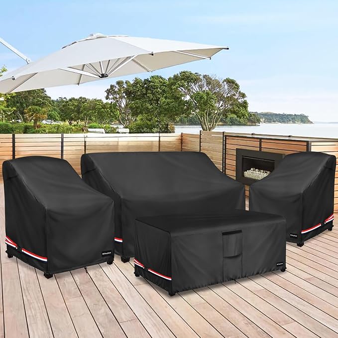 Rileytee Patio Furniture Set Covers, 4 Pcs 600D Heavy Duty 100% Waterproof Outdoor Furniture Cover, Fit Patio Loveseat, Chair and Coffee Table (Black)