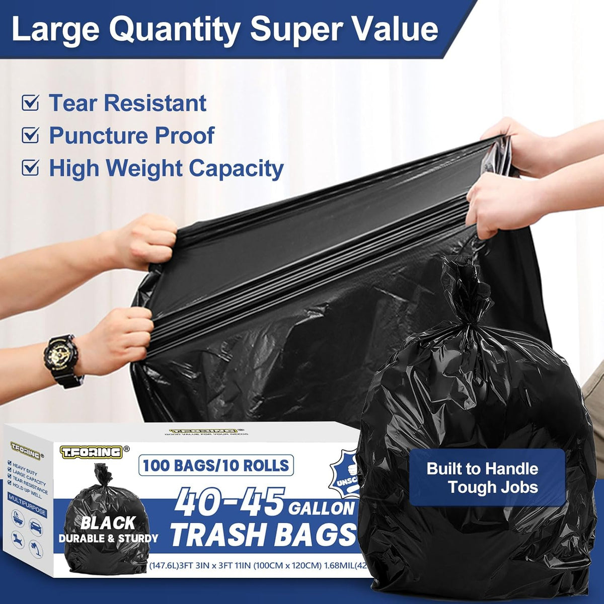 Large 40-45 Gallon Trash Bags Heavy Duty - 1.6 Mil Thick,39''x47'' Strong Black Garbage Bags Unscented 100 Count Trash Can Liners for Construction Industrial Yard Outdoor Commercial