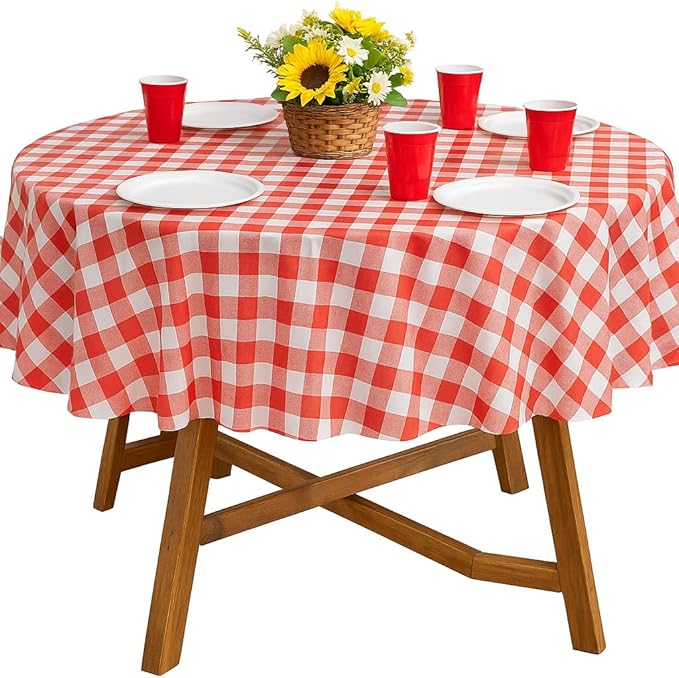 Oojami Pack of 4 Round Checkered Tablecloth - Red & White Plastic Disposable Table Covers for Parties and Events - 78" Diameter