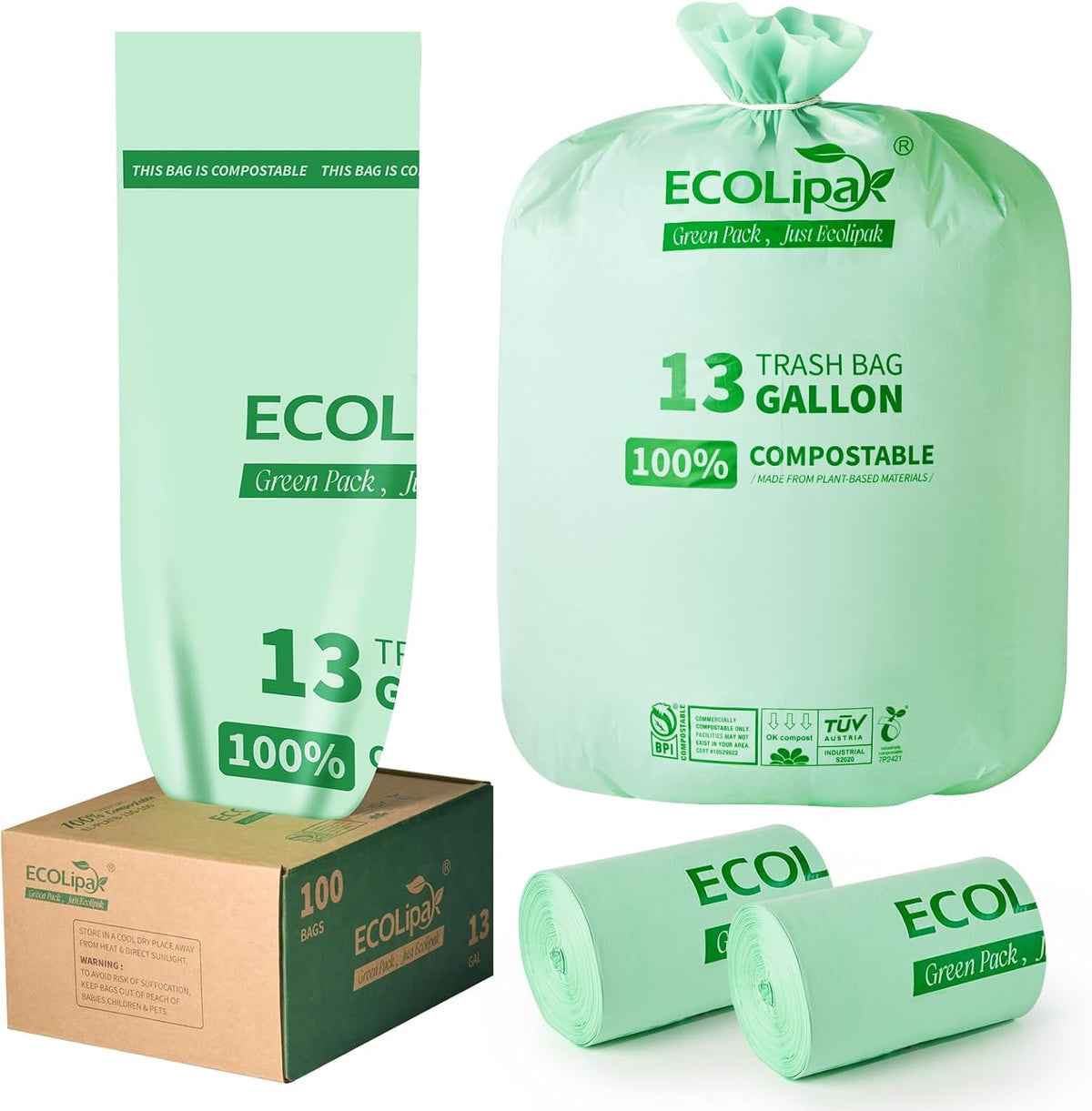 ECOLipak 13 Gallon Compostable Trash Garbage Bags, 100 Count (2 Rolls) Biodegradable Heavy Duty Bathroom Kitchen Trash Bags for Home/Office, US BPI ASTM D6400 and OK Compost Home Certified