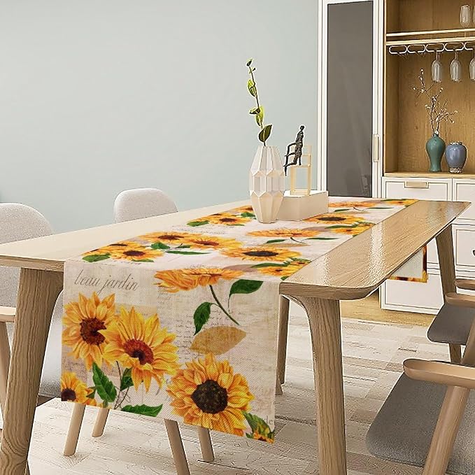 Retro Sunflower Table Runner, Vintage Newspaper Sunflower Blossoms Rustic Farmhouse Flower Table Cover for Kitchen Dinning Party Holidays Decor, 13x36inch