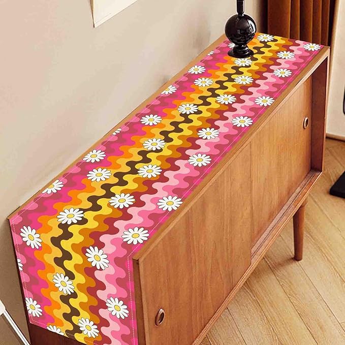 70s Table Runner, Retro Groovy Hippie Daisy Floral Pink Yellow Wave Funky Trippy Coffee Table Center Decor for Home Kitchen Dining Patio Holiday Party Indoor Outdoor Table Decorations, 13"x72" Inch
