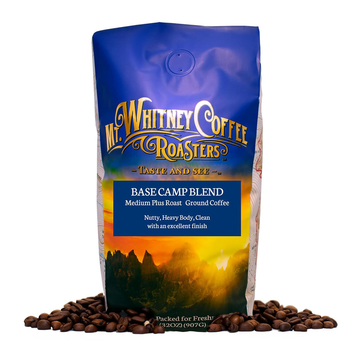 Mt. Whitney Base Camp Blend Coffee Beans - Medium Dark Roast Coffee, Low Acid Coffee - Ground Coffee, 12 oz