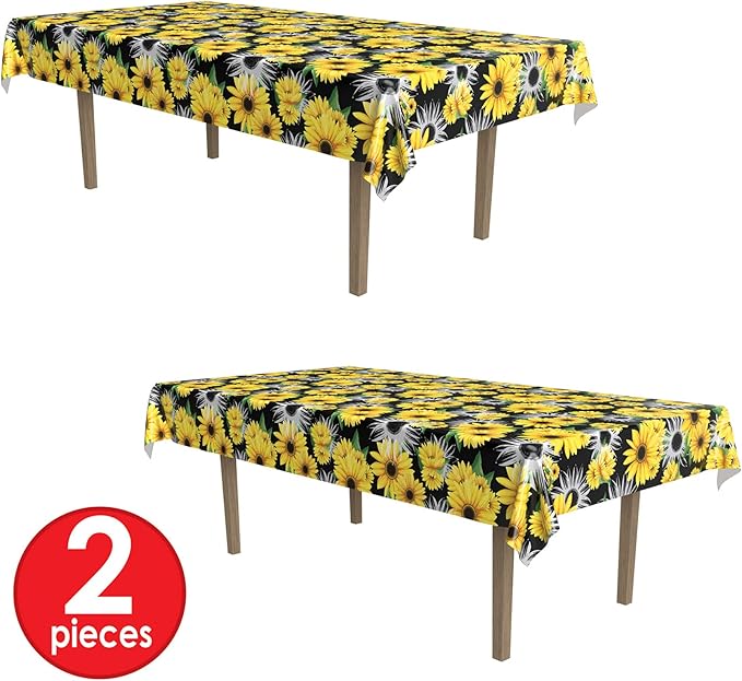 Beistle Sunflower Party Tablecover, 54"x108", 2 Pieces, Spring Summer Picnic Tea Party Table Decorations