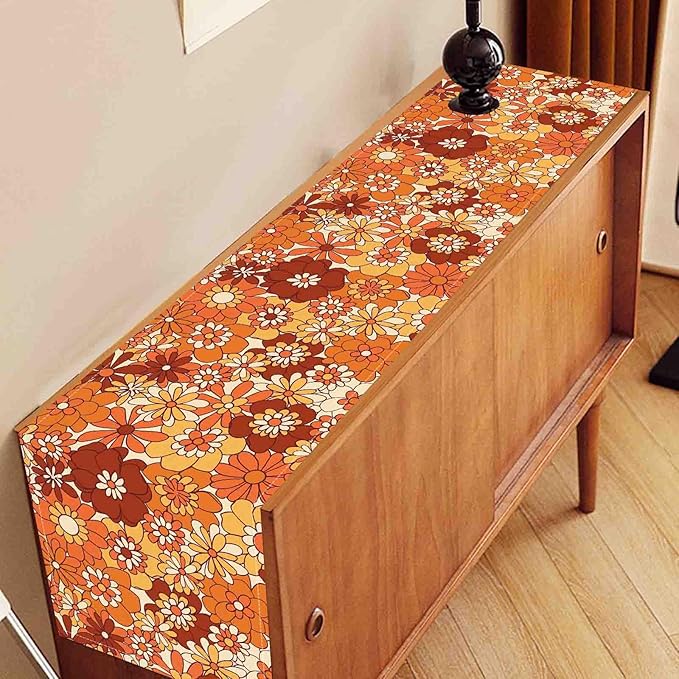 Orange Floral Table Runner, Retro Groovy 70s Hippie Floral Funky Cute Flower Trippy Coffee Table Center Decor for Home Kitchen Dining Patio Holiday Party Indoor Outdoor Table, 13"x108" Inch