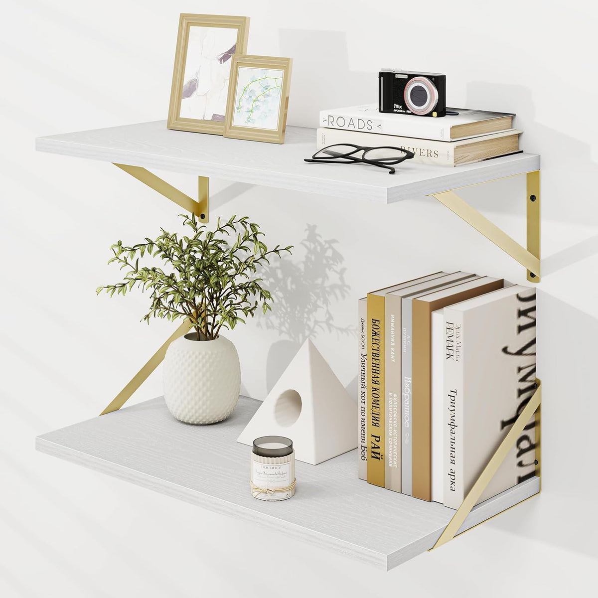 Dreamland Gold Shelves for Wall, White Wood Wall Mounted Shelves, Large Floating Shelf 12 * 24 inch Set of 2 for Bookshelf Living Room Bedroom Home