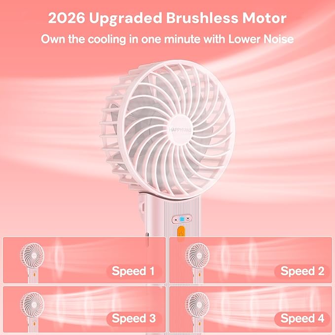 Portable Fan, 4-Speed,180° Foldable, Quiet Mini Small Cute Rechargeable Personal Handheld Fan, 15H Cooling for Women Men Kids Travel Indoor Outdoor Makeup (Pink)