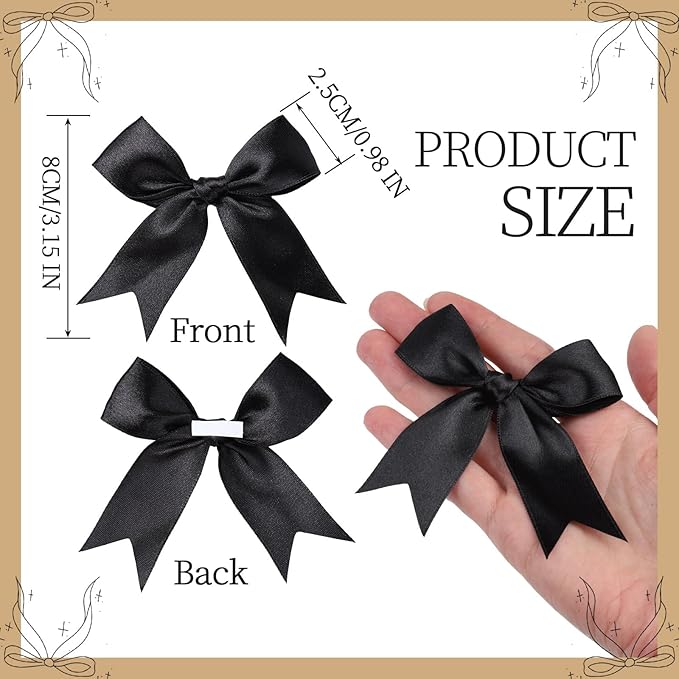 YGDZ Black Bows, Self Adhesive Ribbon Satin Bow for Crafts, Party, Small Black Bows Decor for Balloon, Gift Wrapping, with Double-Sided Tape