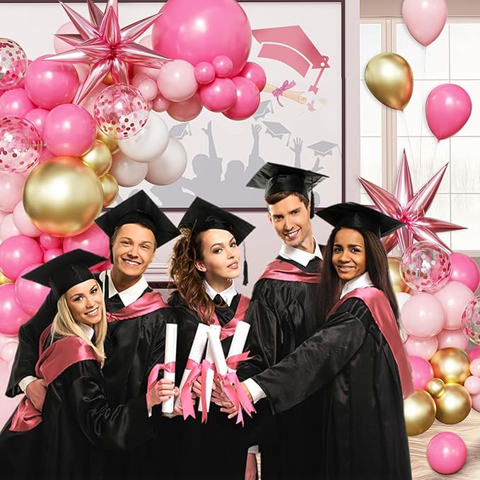 Pink Gold White Balloon Arch Kit Graduation Decorations 2026, 130Pcs Pink Gold Balloons and Foil Star Balloon with Confetti Ribbons Grad Party Decorations for College High School Class of 2026
