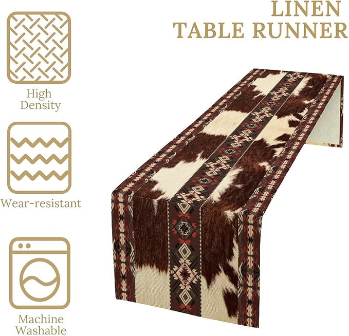Cowhide Table Runner, Brown Cow Western Exotic Aztec Wild Animals Skin Table Runner for Kitchen Farmhouse Dining Home Outdoor Party 13x36in