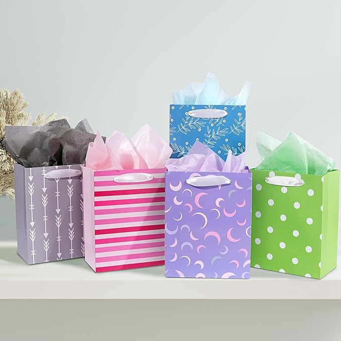 12 Pack Gift Bags Assorted Sizes and Designs, Gift Bags Bulk with Tissue Paper (5 Medium 8", 4 Large 11", 3 Extra Large 14") for Birthday, Baby Showers, Bridal Showers, Easter Day Any Occasion
