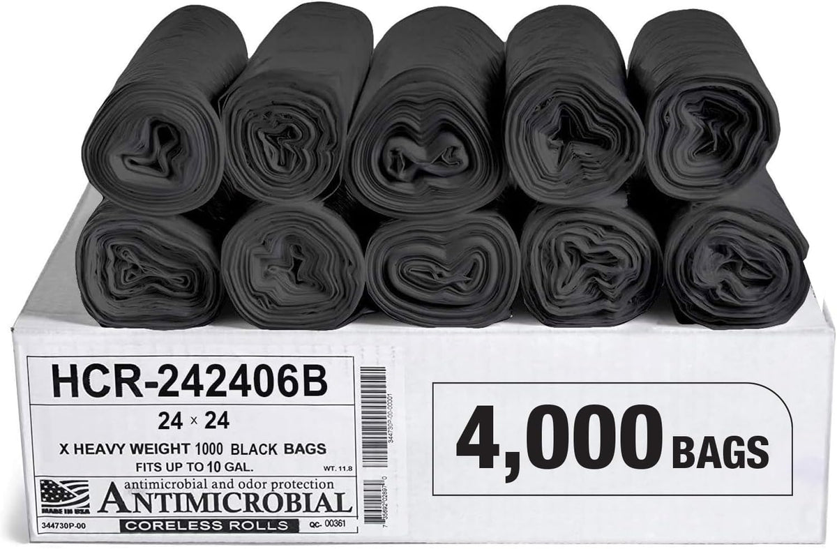 Aluf Plastics High Density Trash Bags, 10 Gallon, 4000 Count, 6 Micron (eq), 24" x 24", Black, for Bathroom, Office, Industrial, Commercial, Janitorial, Municipal, Recycling