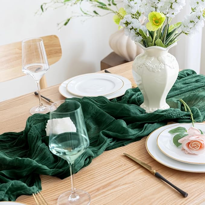 Asee'm 2PCS Table Runner Cheesecloth Christmas 10FT Emerald Green Boho Gauze Fabric Rustic Sheer Cheese Cloth Runners for Wedding Bridal Shower Party Spring Easter Decoration