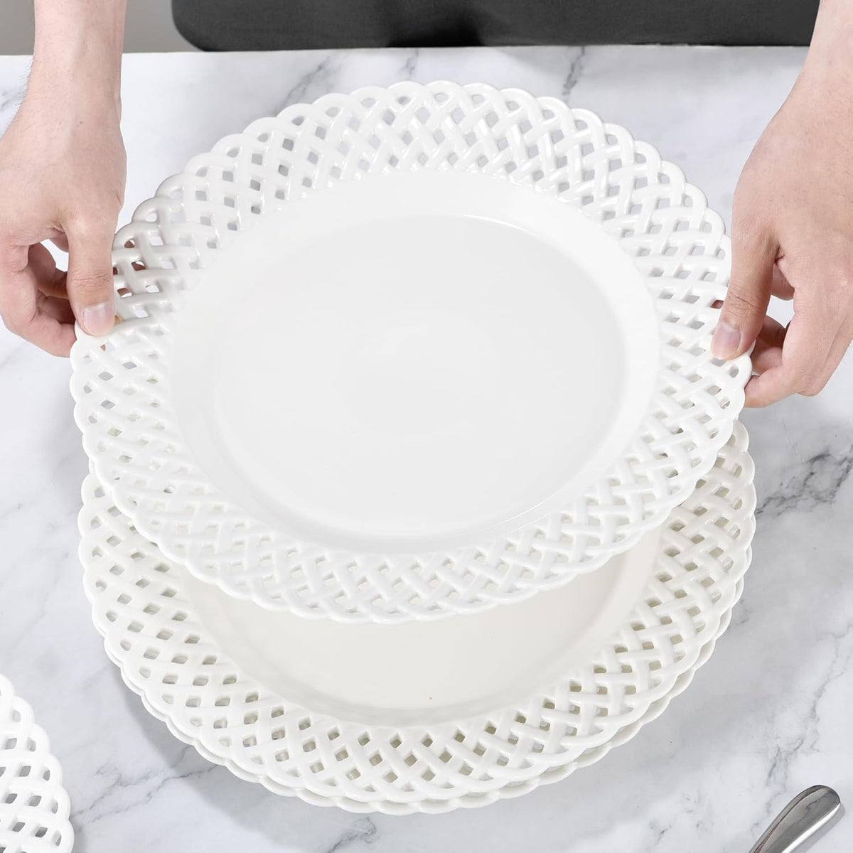 Large White Dinner Plates 12 inch, Ceramic Dinner Plates Set of 4, Basketweave Wide Rim Stackable Hotel Value Round Coupe Shape for Restaurant