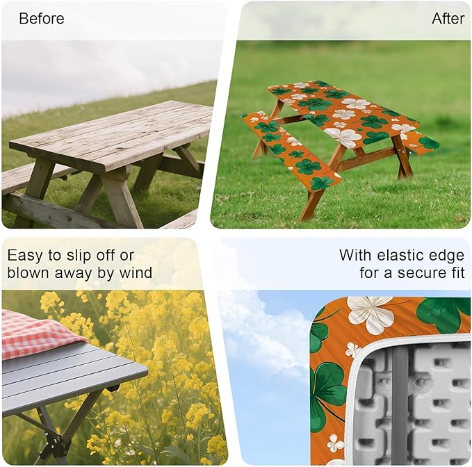 ANNA QUEEN 6FT Four Leaf Clover Orange St. Patrick's Picnic Table Cover with Bench Covers Picnic Table Cover Set 3PCS 72"x30", Outdoor Bench and Tablecloth Furniture Protection