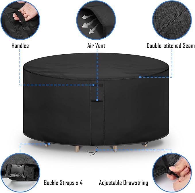 Round Patio Furniture Covers Waterproof, 96 Inch High Outdoor Round Table Cover, Tall Bar Height Outside Table and Chairs Set Covers for Winter, Rainproof Fadeproof - 96" Dia x 44" H
