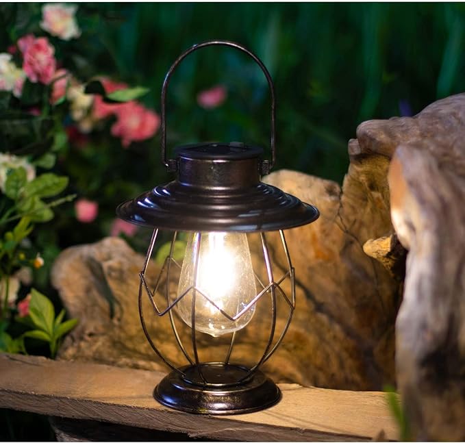 2 Pack Solar Lanterns Outdoor Hanging Solar Lights Decoration with Waterproof Warm Light Bulb for Patio Garden Pathway Yard Table Decor