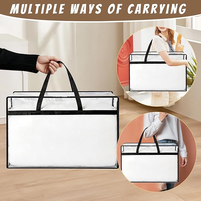 60L Clear Storage Bags Plastic Blanket Storage Bag Foldable Moving Organizers Containers with Zipper for Bedding Blanket Clothes Under Bed Holder - 2 Pcs
