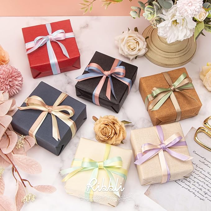 Ribbli Pastel Easter Satin Ribbon 3/8 Inch x 12 Rolls Total 60 Yards- Morandi Ribbon for Gift Wrapping Craft Party Decoration Baby Shower Wedding