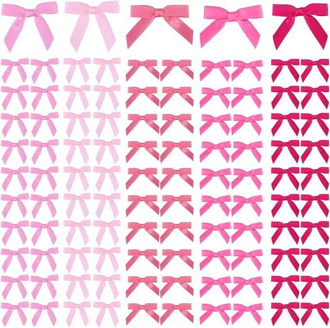 Meseey 100 Pcs 1.5 Inches Premade Craft Bows Self Adhesive Pink Hot Pink Valentines Satin Ribbon Bows for Treat Bags Gift Wrapping Basket Wedding Baby Shower Brithday Party(Pink Set)