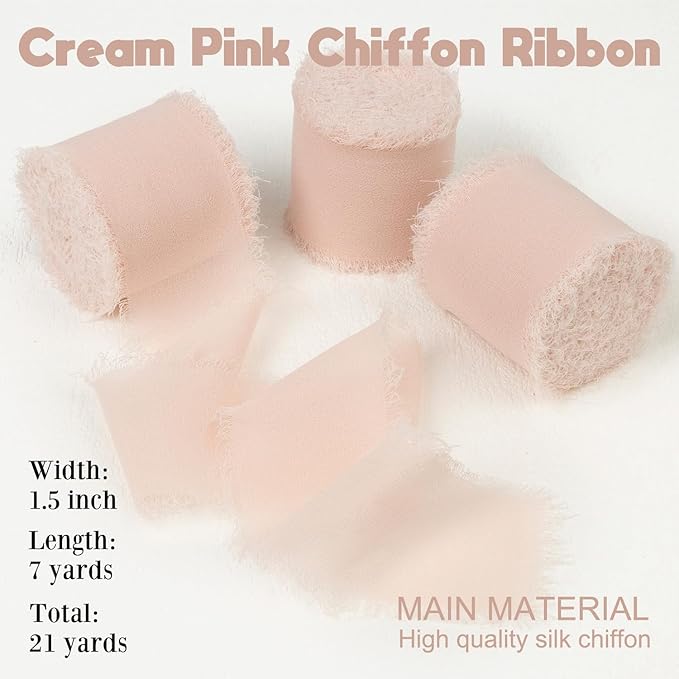 Cream Pink Chiffon Ribbon 1-1/2 Inch x 21 Yards - Handmade Fringe Silk Ribbon for Wedding Invitation, Bridal Flower Bouquets, Gift Wrapping