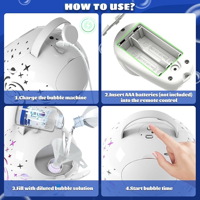 Rechargeable Bubble Machine - Auto 90°/360° Rotation, Remote Control and 7 Colors RGB LED Light, Bubbles Maker Toys for Kids, Bubbles for Wedding Parties, Easter Birthday and Xmas Gift for Boys Girls