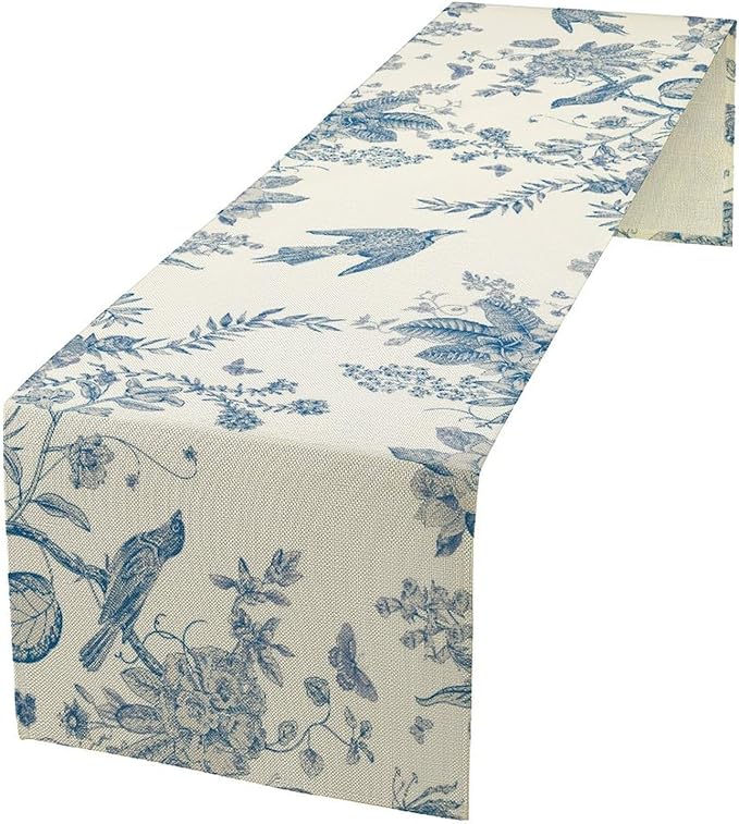 Spring Flower Table Runner, Farmhouse Vintage Blue White Floral Bird Print Table Runner for Kitchen Dining Table Party Wedding Decor, 13x90inch
