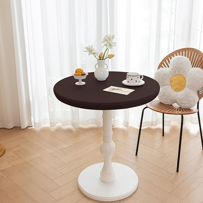 Round Fitted PU Tablecloth with High Elastic Edge 28 Inch Dia Waterproof Oil Proof Table Cloth Anti-Scald Stain-Resistant Wipeable Table Cover for Indoor Outdoor Picnic (Coffee,28" Dia)