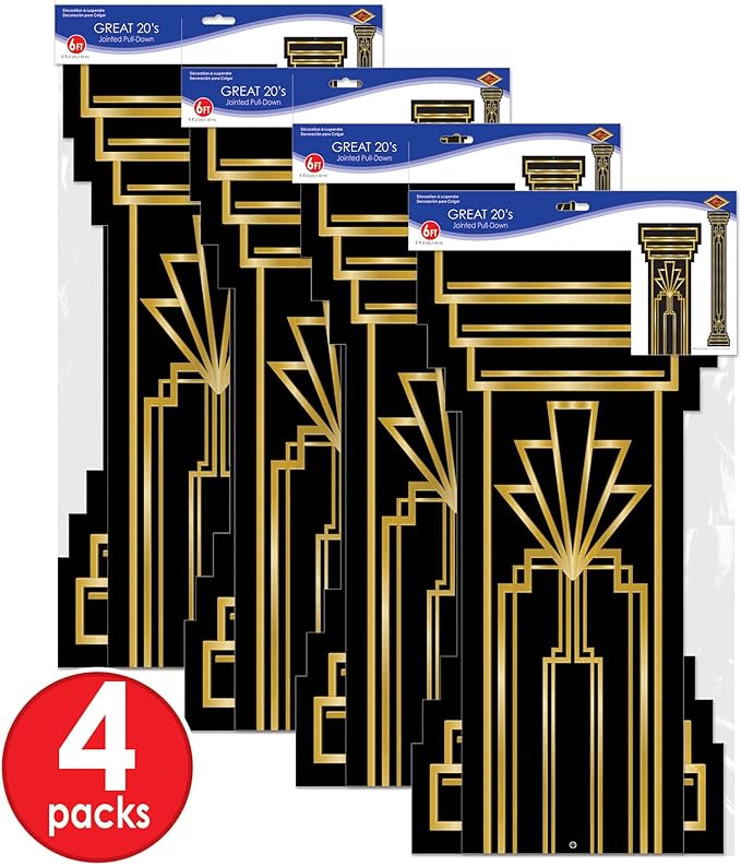 Beistle 4 Piece Roaring 20's Column Pull Down Cut Outs 1920's Theme Awards Night Party Decorations, Black/Gold