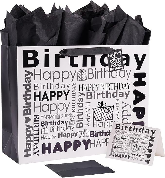 JWSCYSY White and Black 16" Extra Large Gift Bag with Tissue Paper and Card, Happy Bithday Gift Bag for Men Women Birthday - 16" x 12.2" x 5.5", 1 Pcs