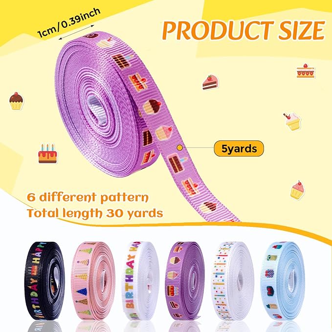 6 Roll Happy Birthday Birthday Ribbon Set, 3/8 Inch x 30 Yards Grosgrain Decorative Ribbons, Candle Cake Gift Pattern Colorful Ribbons for Gift Wrapping Birthday Baby Shower Decoration