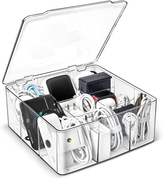 Charger and Cable Organizer Box with 10 Wire Ties, Adapter Storage Box, Plastic Charger Cable Cord Storage Organizer