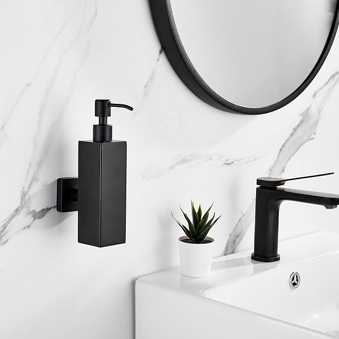 BATHSIR Matte Black Soap Dispenser, Refillable Shower Soap Dispenser Wall Mounted, Stainless Steel Clear Hand Soap Dispenser with Pump for Bathroom Kitchen Sink Dish (Square 200ML)