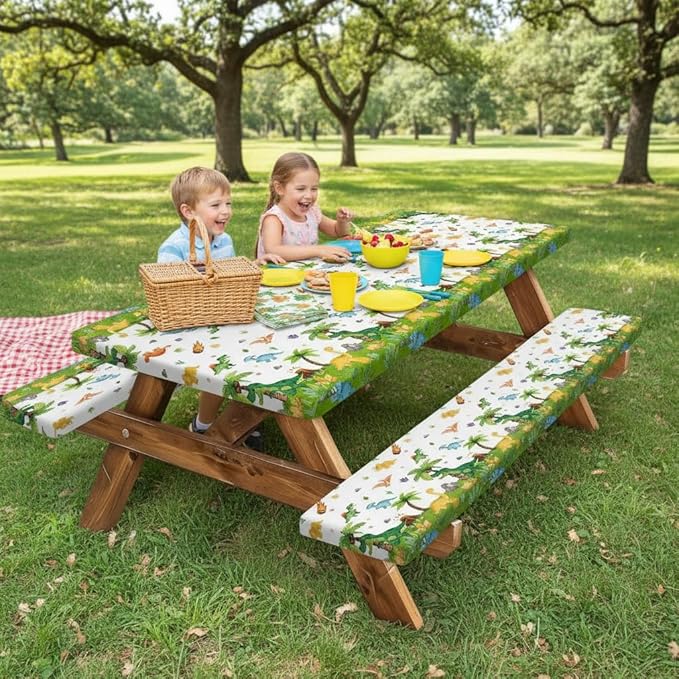 JAWO Dinosaur Picnic Table Covers with Bench Covers, Jungle Dino Print Tablecloth, Outdoor Table Cover Set, Patio Camping Picnic Table Protector, 96x30 Inch